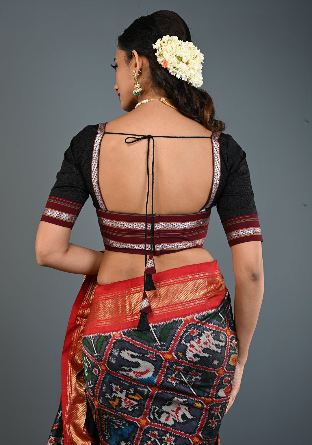 Black Khana Silk Blouse with Square-Neck and Quarter Sleeves, Customizable, Made to Order | SHOBITAM
