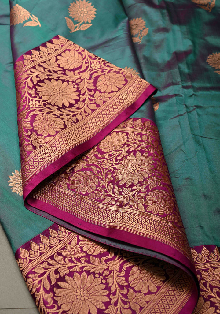 Green-Purple Dual Tone Banarasi Katan Silk Saree with Antique Floral Zari Buttas and Contrast Zari Border | SILK MARK CERTIFIED | SHOBITAM