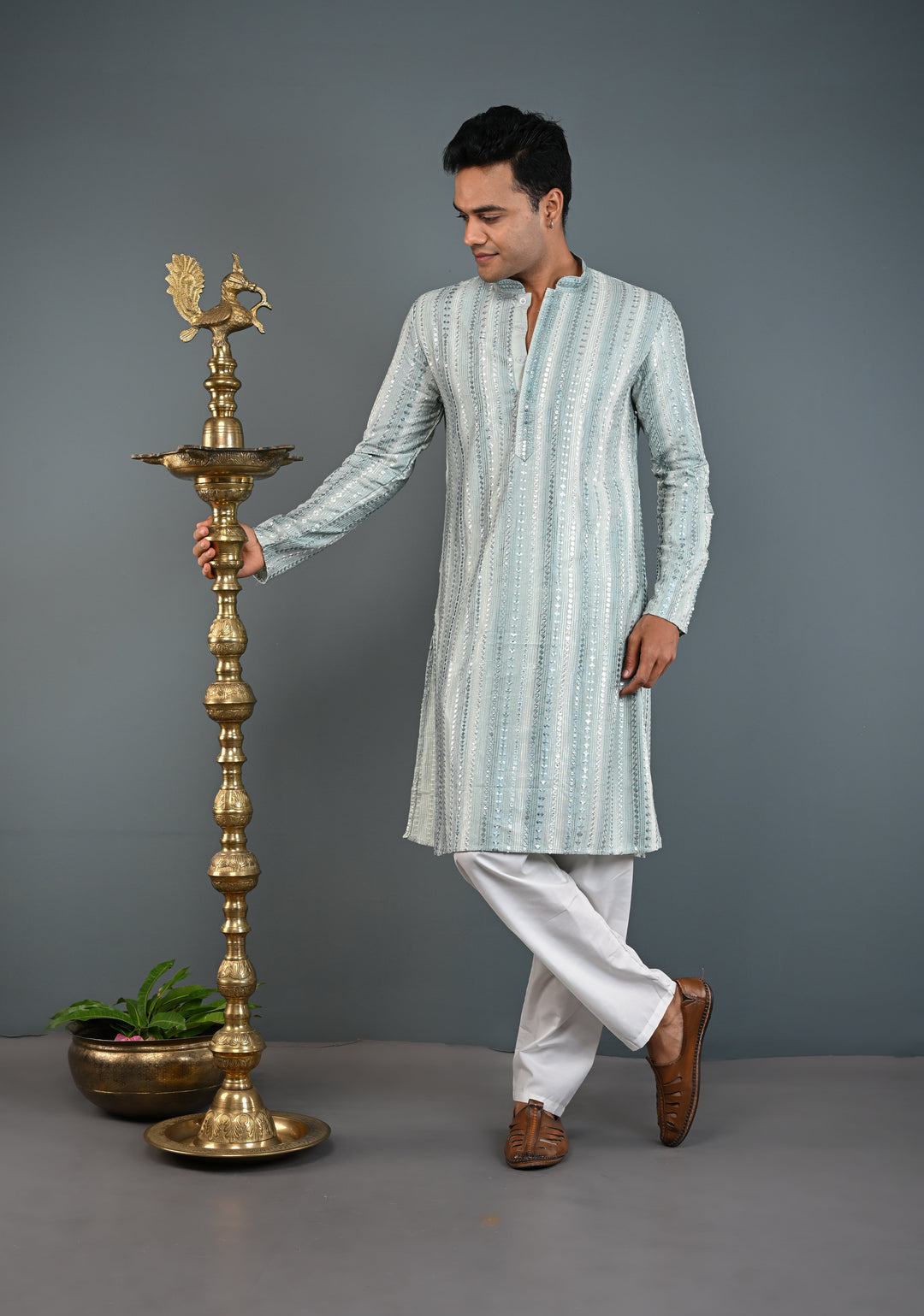 Sage Green Kurta with  Brocade and Sequins Pajama Set for Men | Made to Order