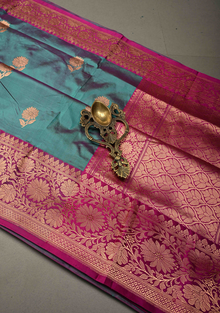 Green-Purple Dual Tone Banarasi Katan Silk Saree with Antique Floral Zari Buttas and Contrast Zari Border | SILK MARK CERTIFIED | SHOBITAM