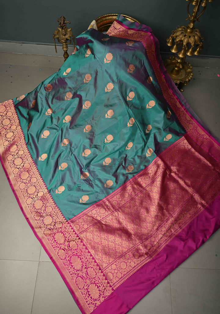 Green-Purple Dual Tone Banarasi Katan Silk Saree with Antique Floral Zari Buttas and Contrast Zari Border | SILK MARK CERTIFIED | SHOBITAM