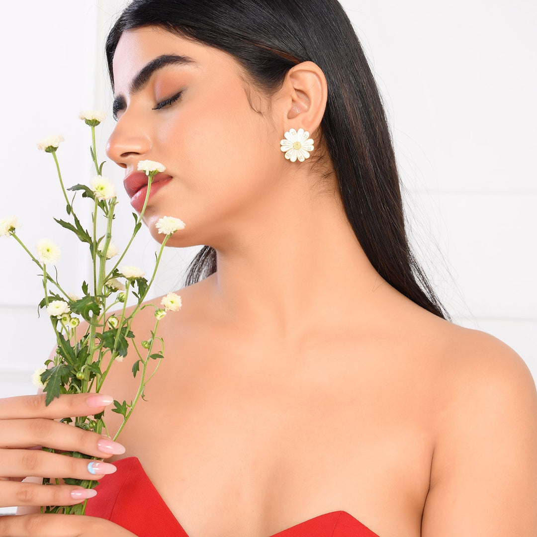 Flower Fantasy Pure Elegance Daisy White Ear Studs   | SHOBITAM