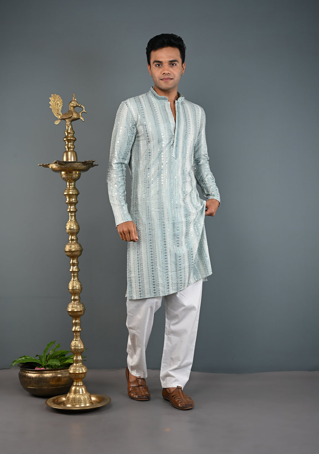 Sage Green Kurta with  Brocade and Sequins Pajama Set for Men | Made to Order