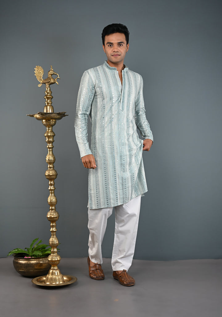 Sage Green Kurta with  Brocade and Sequins Pajama Set for Men | Made to Order