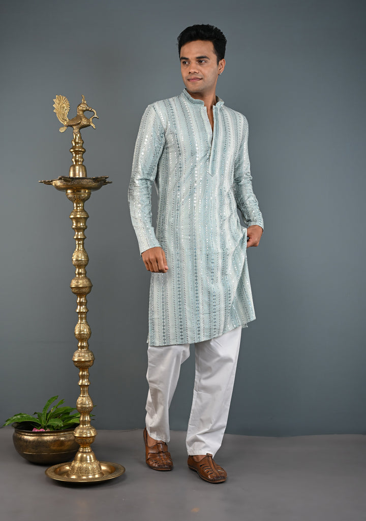 Sage Green Kurta with  Brocade and Sequins Pajama Set for Men | Made to Order