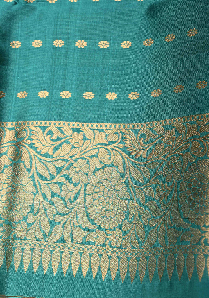 Tan Gold Pure Banarasi Kora Silk Saree with Floral Zari Buttas and Contrast Zari Border | SILK MARK CERTIFIED | SHOBITAM