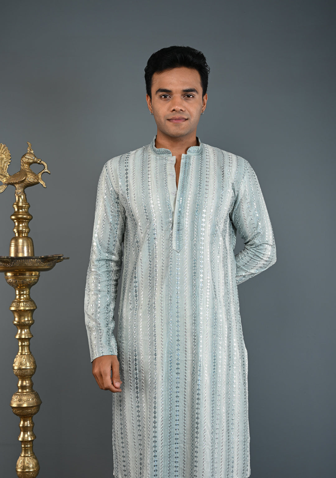 Sage Green Kurta with  Brocade and Sequins Pajama Set for Men | Made to Order
