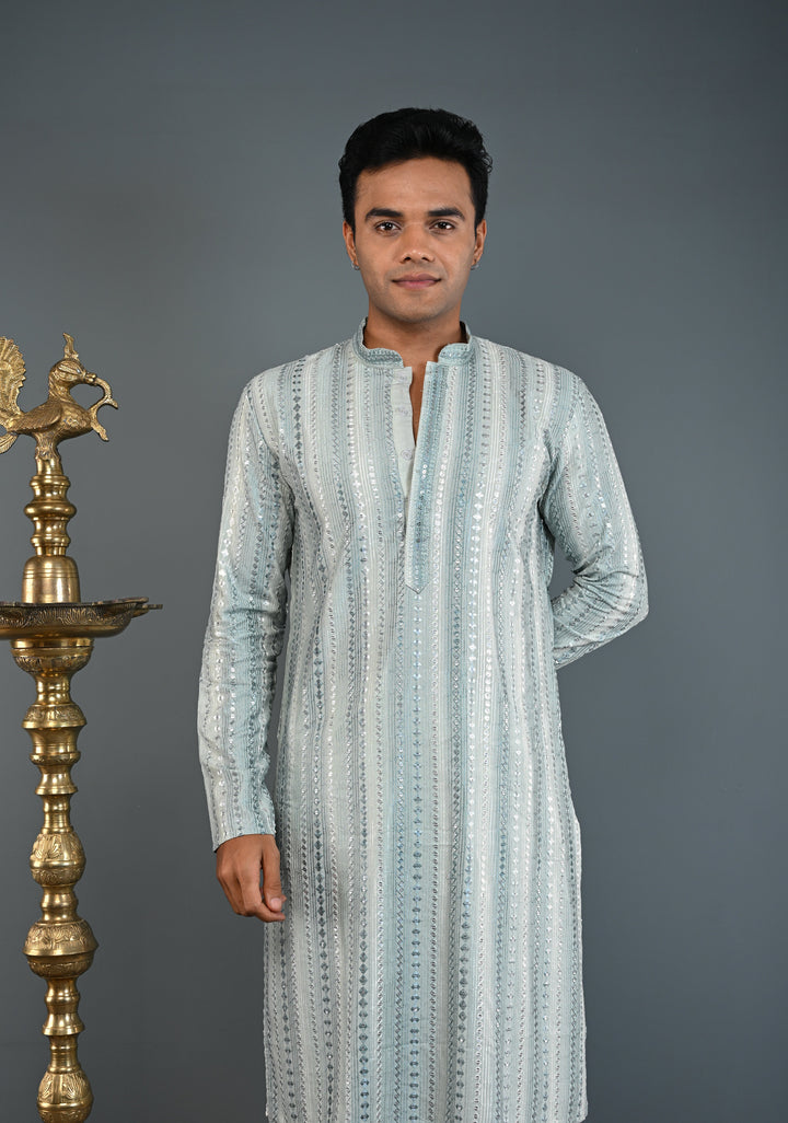 Sage Green Kurta with  Brocade and Sequins Pajama Set for Men | Made to Order