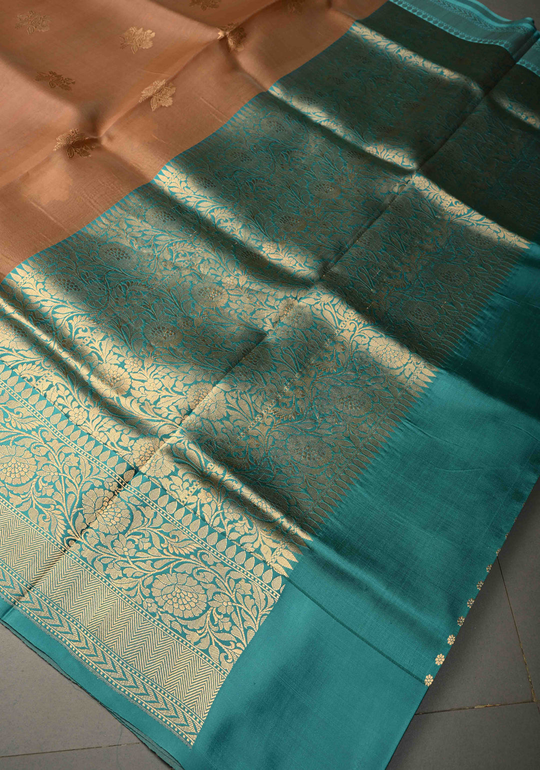 Tan Gold Pure Banarasi Kora Silk Saree with Floral Zari Buttas and Contrast Zari Border | SILK MARK CERTIFIED | SHOBITAM