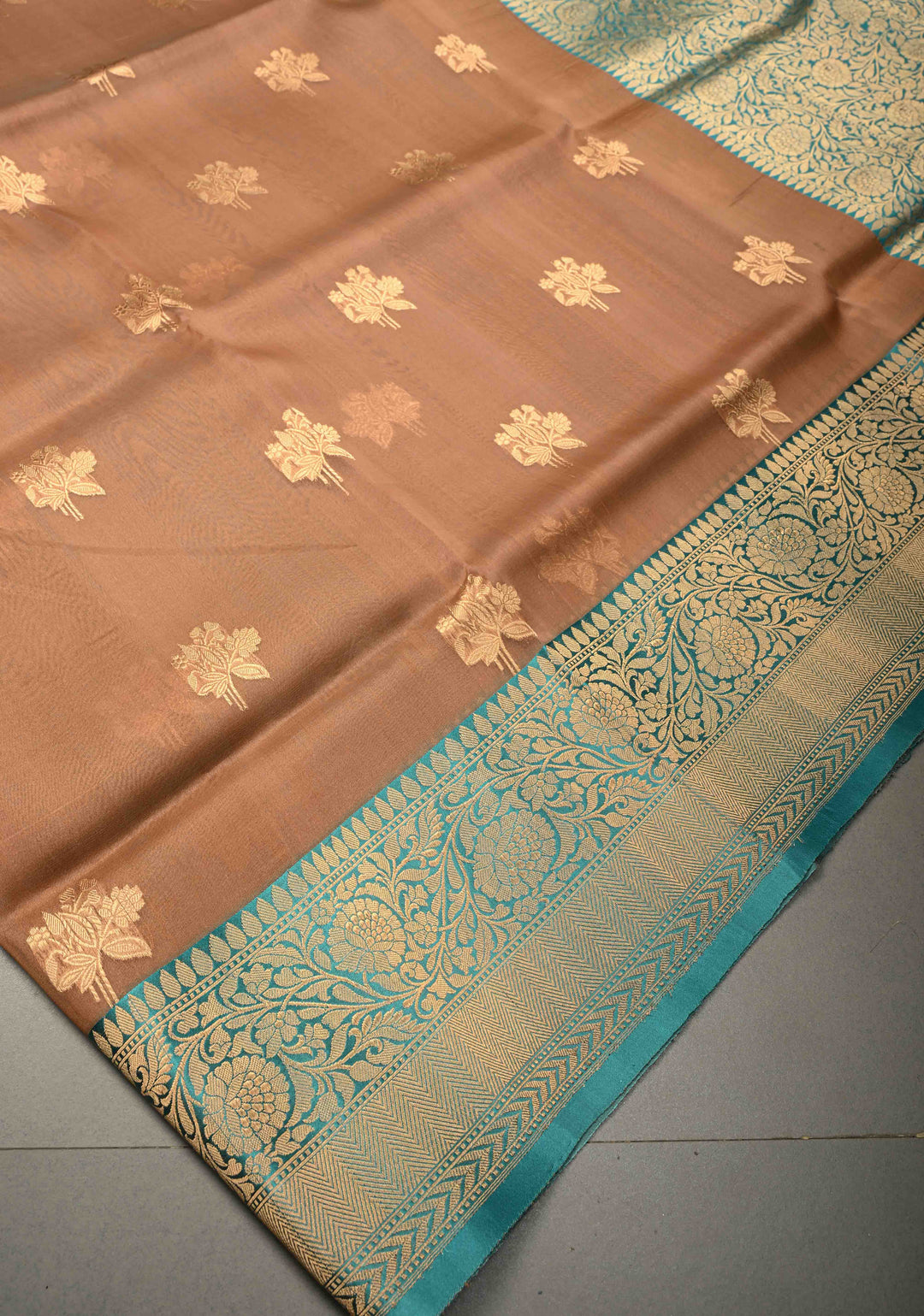 Tan Gold Pure Banarasi Kora Silk Saree with Floral Zari Buttas and Contrast Zari Border | SILK MARK CERTIFIED | SHOBITAM