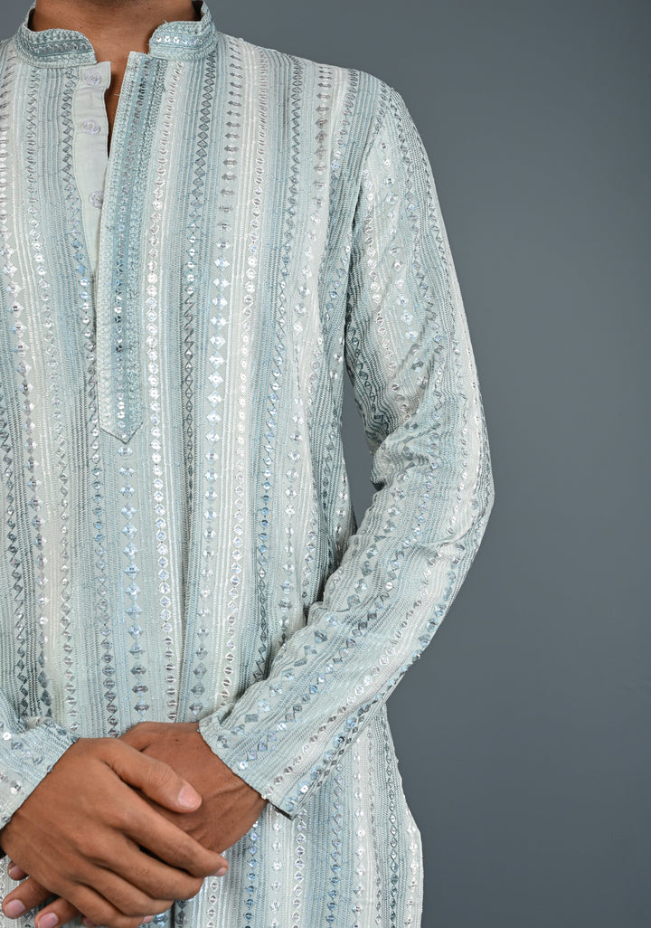 Sage Green Kurta with  Brocade and Sequins Pajama Set for Men | Made to Order