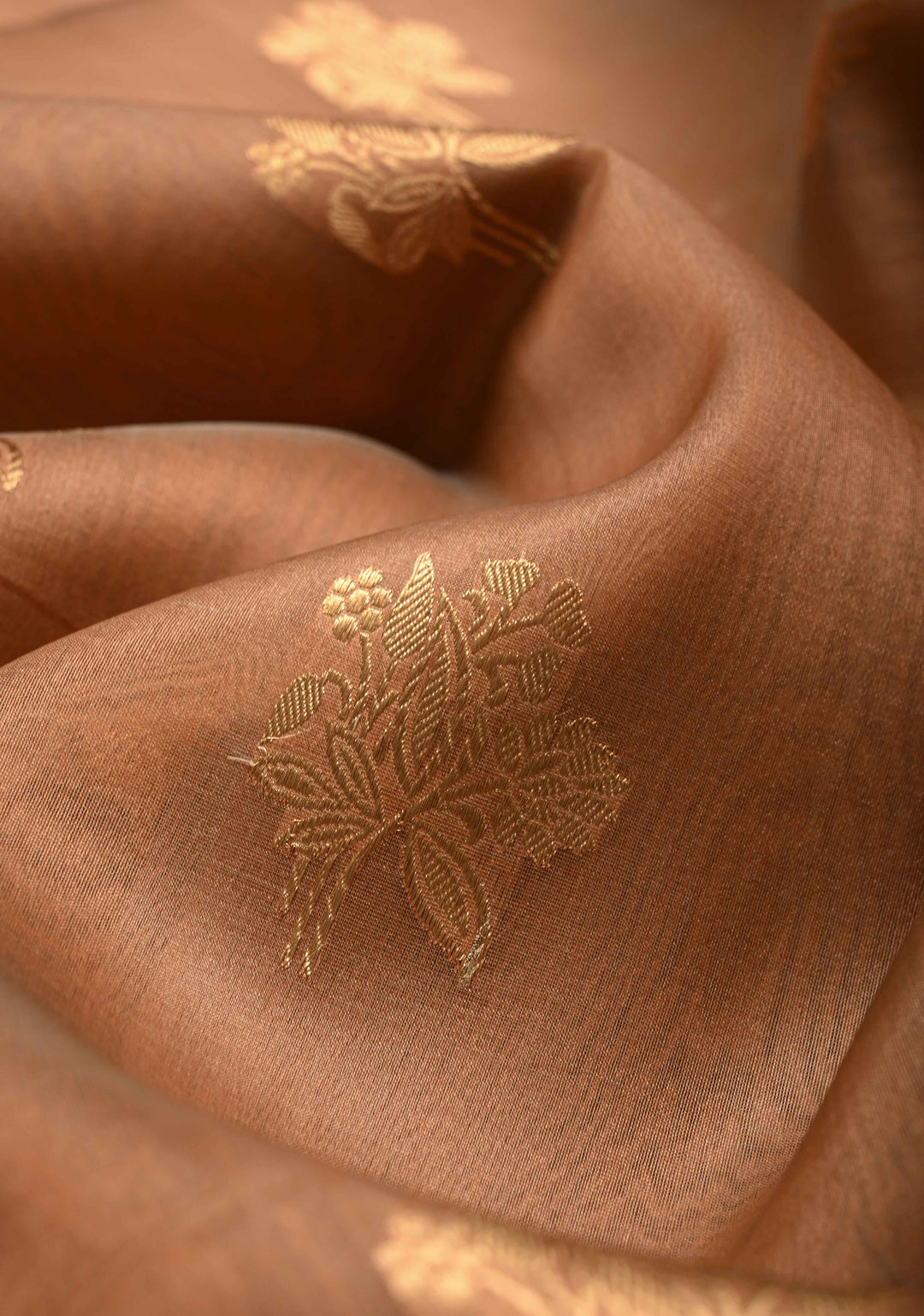 Tan Gold Pure Banarasi Kora Silk Saree with Floral Zari Buttas and Contrast Zari Border | SILK MARK CERTIFIED | SHOBITAM