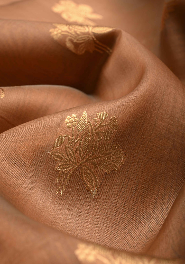 Tan Gold Pure Banarasi Kora Silk Saree with Floral Zari Buttas and Contrast Zari Border | SILK MARK CERTIFIED | SHOBITAM