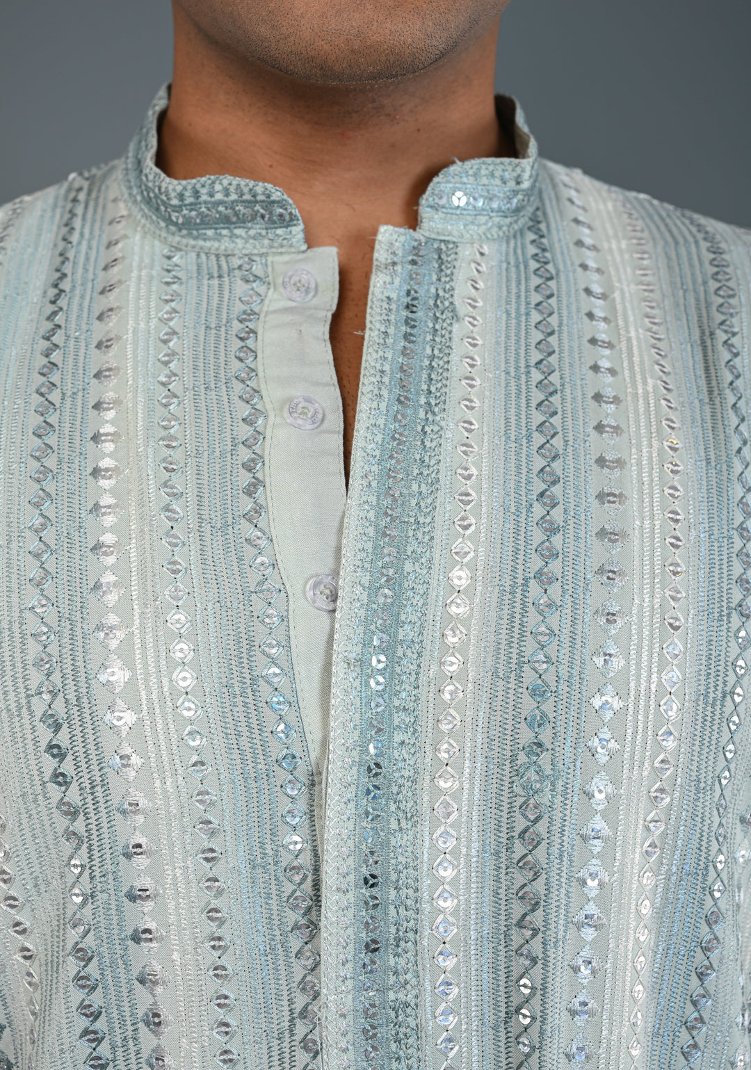 Sage Green Kurta with  Brocade and Sequins Pajama Set for Men | Made to Order
