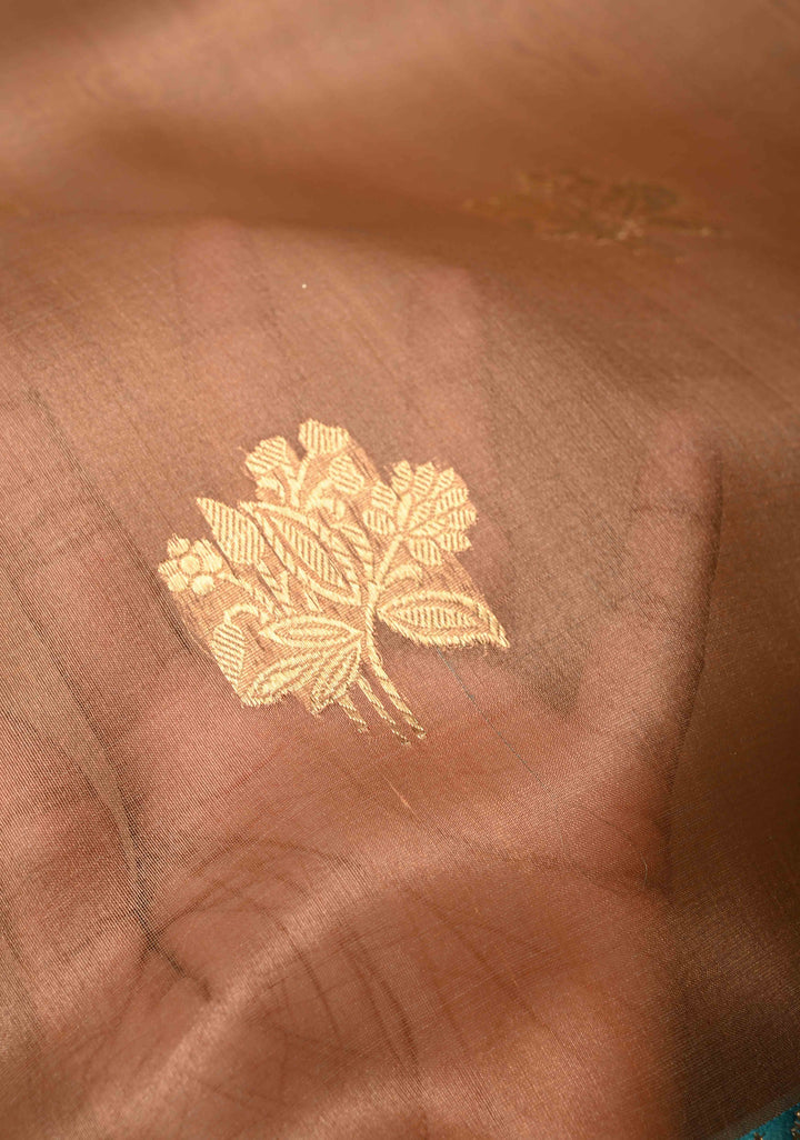 Tan Gold Pure Banarasi Kora Silk Saree with Floral Zari Buttas and Contrast Zari Border | SILK MARK CERTIFIED | SHOBITAM