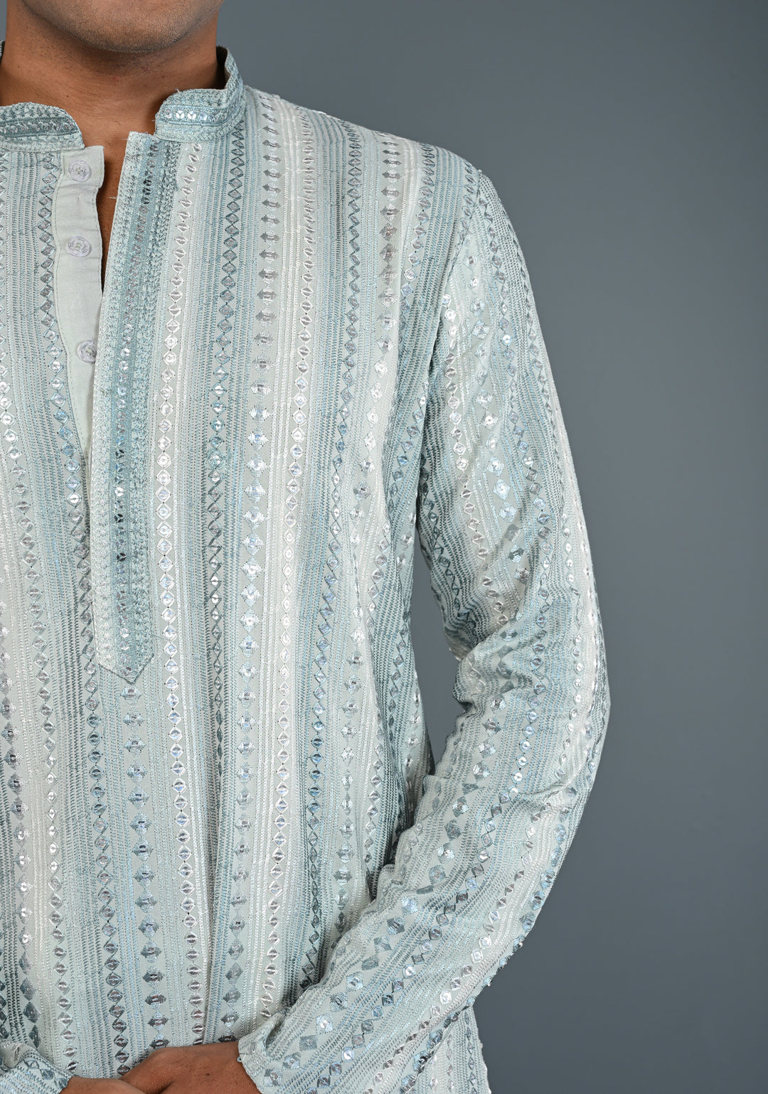 Sage Green Kurta with  Brocade and Sequins Pajama Set for Men | Made to Order
