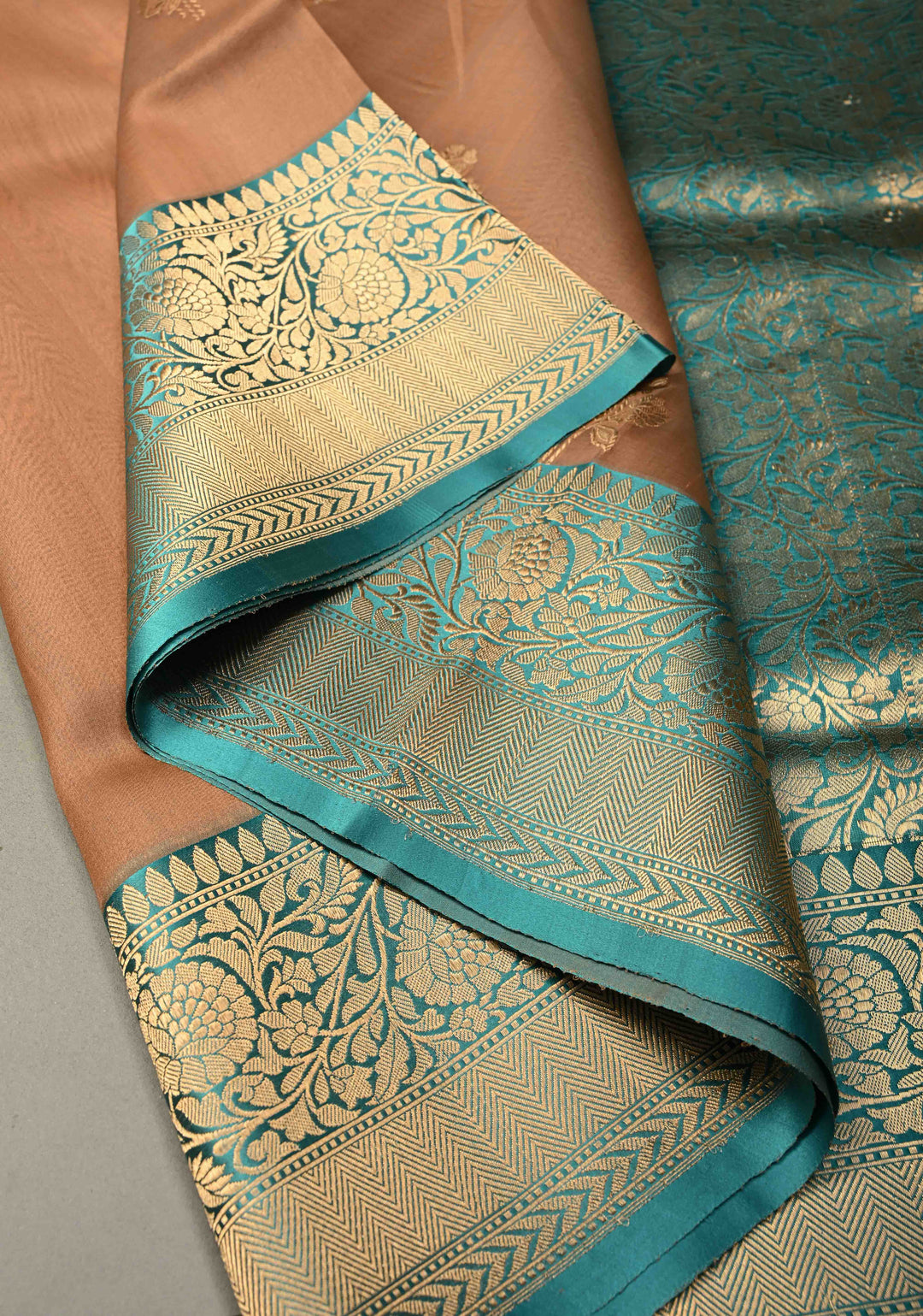 Tan Gold Pure Banarasi Kora Silk Saree with Floral Zari Buttas and Contrast Zari Border | SILK MARK CERTIFIED | SHOBITAM