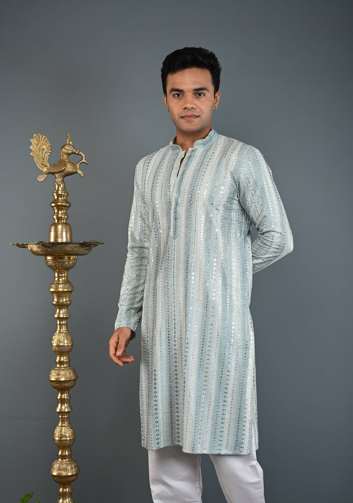 Sage Green Kurta with  Brocade and Sequins Pajama Set for Men | Made to Order