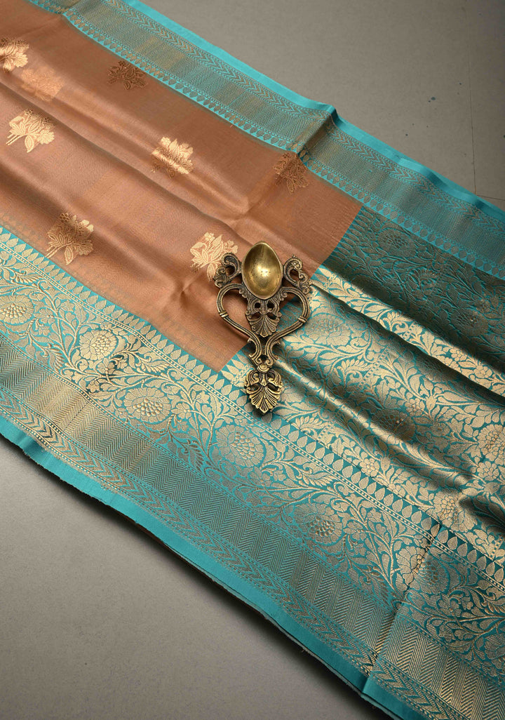 Tan Gold Pure Banarasi Kora Silk Saree with Floral Zari Buttas and Contrast Zari Border | SILK MARK CERTIFIED | SHOBITAM