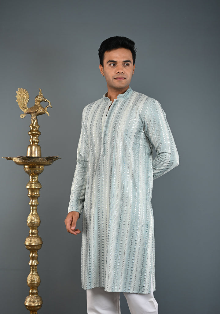 Sage Green Kurta with  Brocade and Sequins Pajama Set for Men | Made to Order