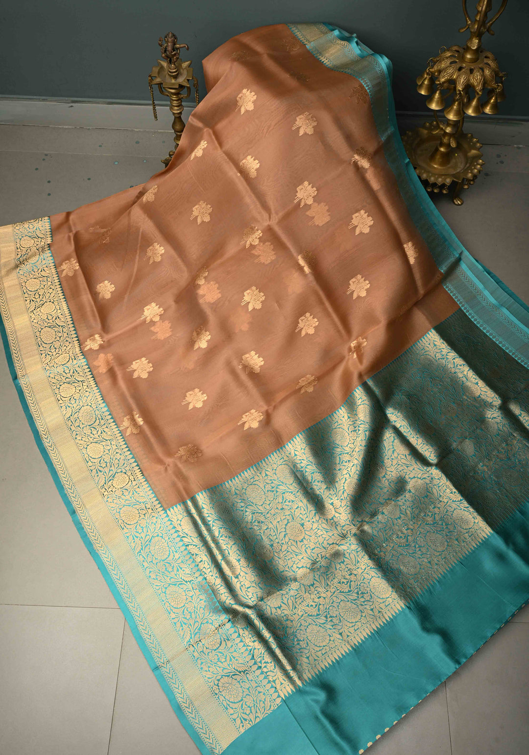 Tan Gold Pure Banarasi Kora Silk Saree with Floral Zari Buttas and Contrast Zari Border | SILK MARK CERTIFIED | SHOBITAM