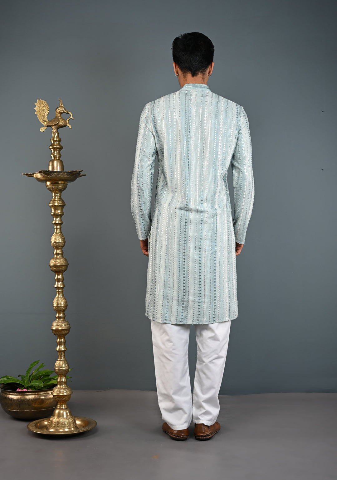 Sage Green Kurta with  Brocade and Sequins Pajama Set for Men | Made to Order