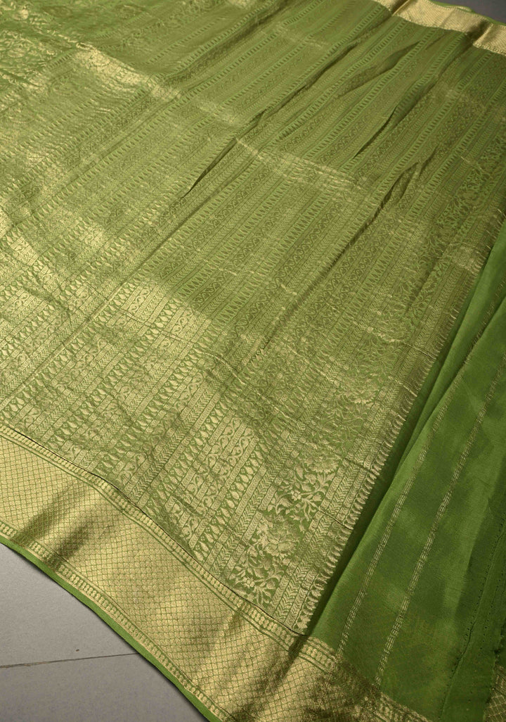 Pista Green Mysore Crepe Silk Saree with Rose Floral Brocade Jaal and Zari Border in KSIC Grade Thickness | SILK MARK CERTIFIED | SHOBITAM
