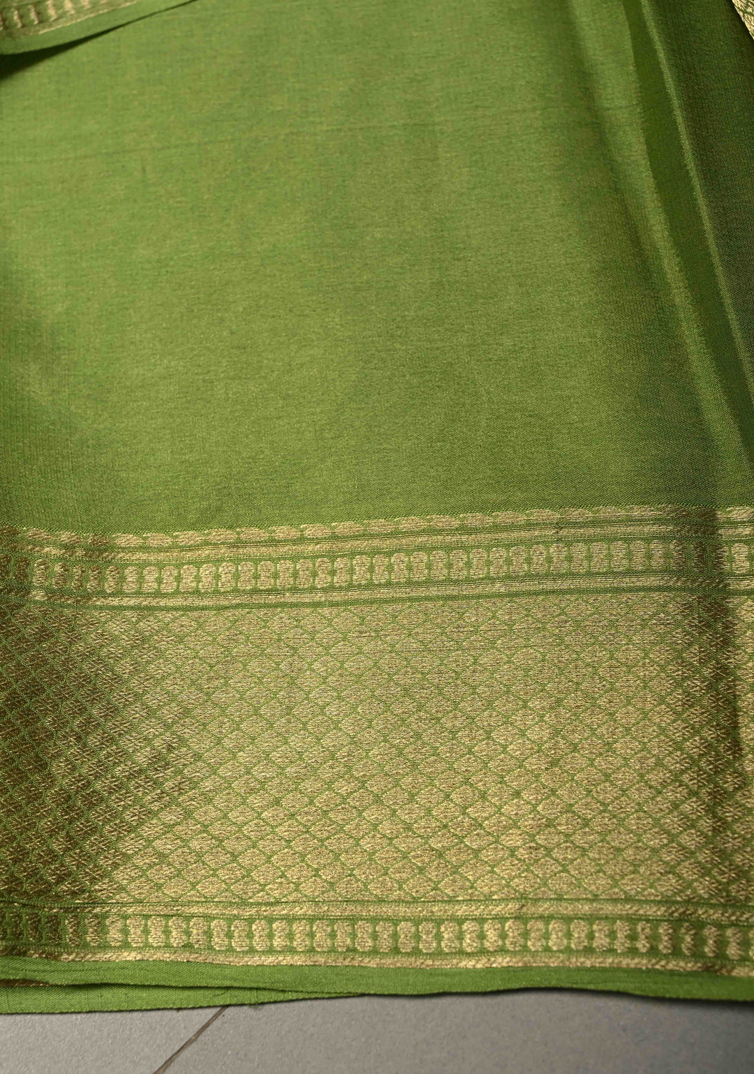 Pista Green Mysore Crepe Silk Saree with Rose Floral Brocade Jaal and Zari Border in KSIC Grade Thickness | SILK MARK CERTIFIED | SHOBITAM