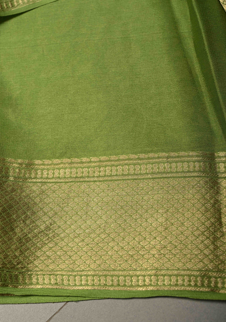Pista Green Mysore Crepe Silk Saree with Rose Floral Brocade Jaal and Zari Border in KSIC Grade Thickness | SILK MARK CERTIFIED | SHOBITAM