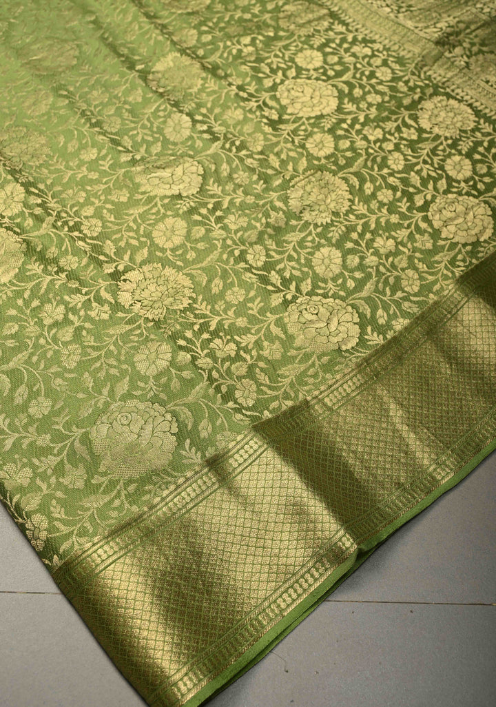 Pista Green Mysore Crepe Silk Saree with Rose Floral Brocade Jaal and Zari Border in KSIC Grade Thickness | SILK MARK CERTIFIED | SHOBITAM