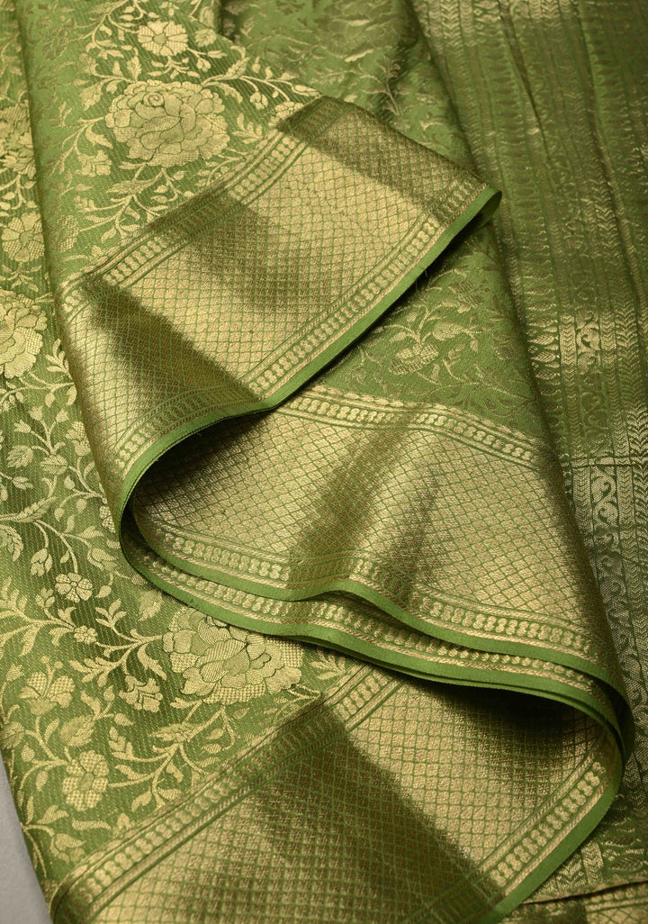 Pista Green Mysore Crepe Silk Saree with Rose Floral Brocade Jaal and Zari Border in KSIC Grade Thickness | SILK MARK CERTIFIED | SHOBITAM