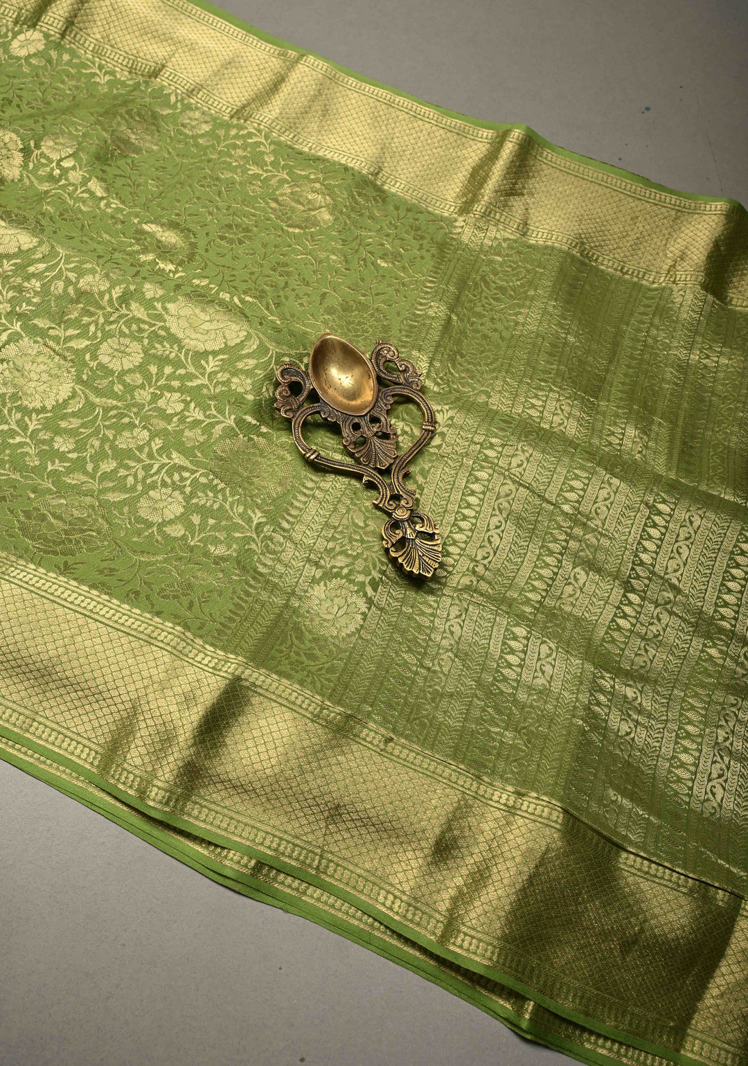 Pista Green Mysore Crepe Silk Saree with Rose Floral Brocade Jaal and Zari Border in KSIC Grade Thickness | SILK MARK CERTIFIED | SHOBITAM