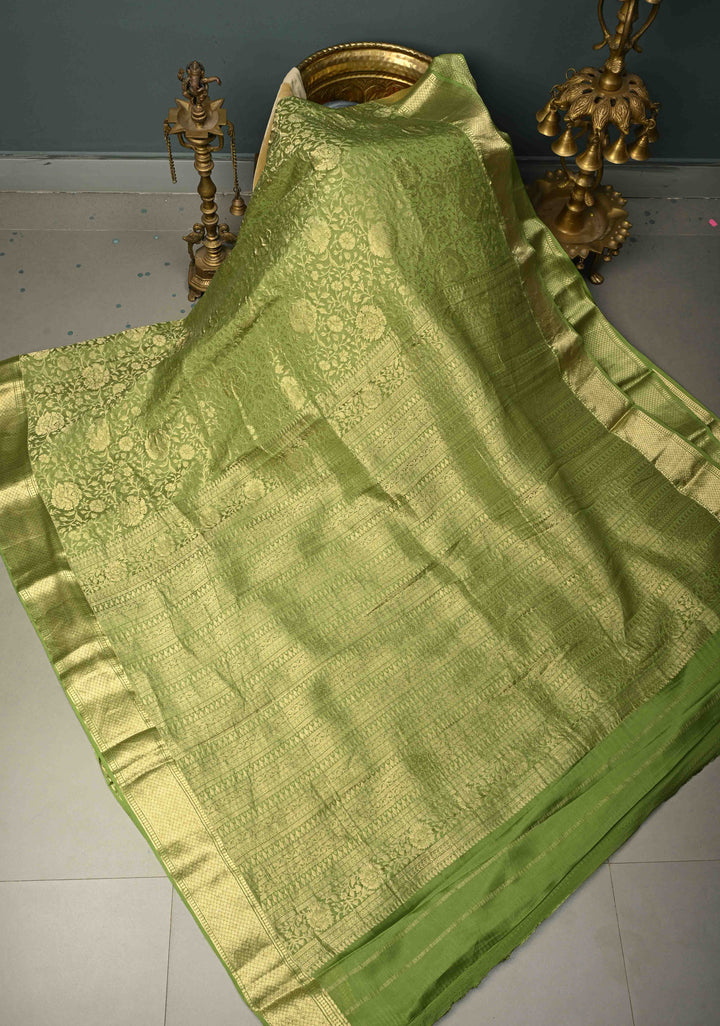 Pista Green Mysore Crepe Silk Saree with Rose Floral Brocade Jaal and Zari Border in KSIC Grade Thickness | SILK MARK CERTIFIED | SHOBITAM