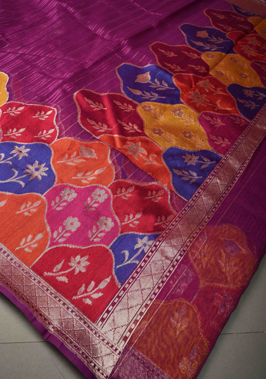 Purple Banarasi Pure Net Handwoven Saree with Stripes Pattern and Meenakari Rangkaat Style Skirt Border | SILK MARK CERTIFIED | SHOBITAM