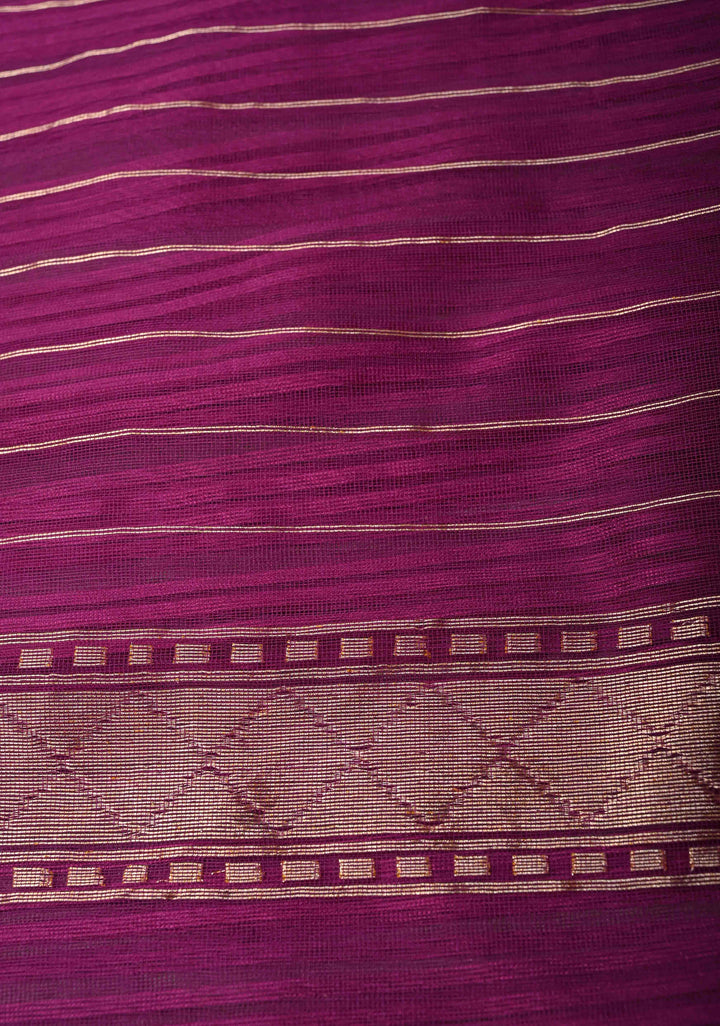 Purple Banarasi Pure Net Handwoven Saree with Stripes Pattern and Meenakari Rangkaat Style Skirt Border | SILK MARK CERTIFIED | SHOBITAM
