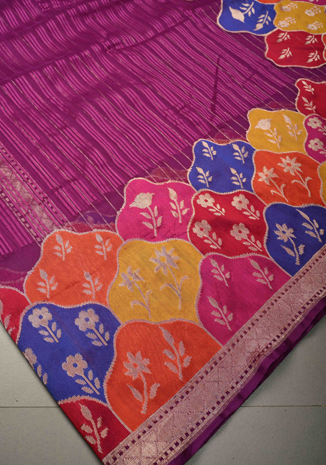 Purple Banarasi Pure Net Handwoven Saree with Stripes Pattern and Meenakari Rangkaat Style Skirt Border | SILK MARK CERTIFIED | SHOBITAM