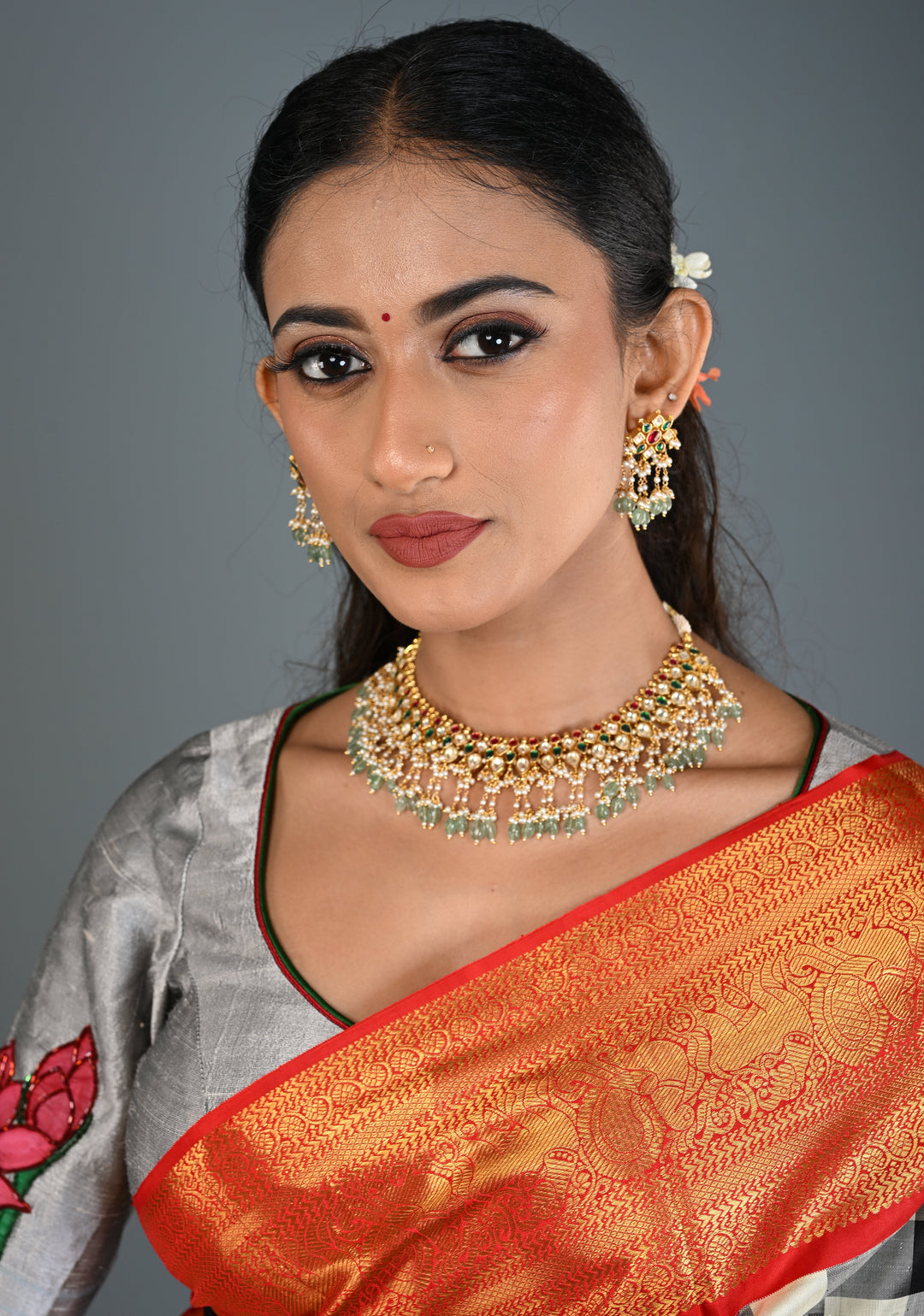 Jadau Choker Set with White and Red Stones and Green Dangling Beads | Shobitam Jewelry