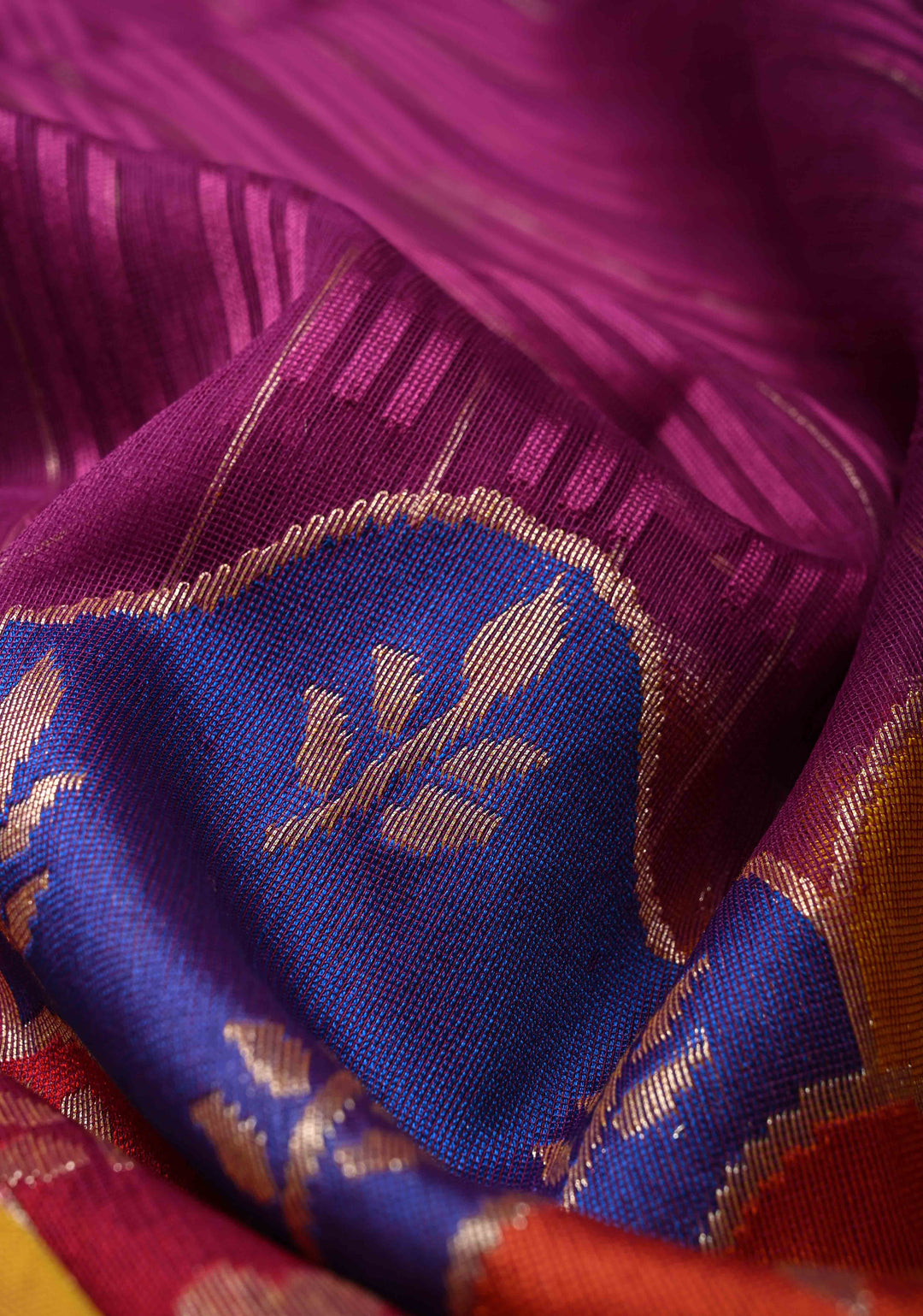 Purple Banarasi Pure Net Handwoven Saree with Stripes Pattern and Meenakari Rangkaat Style Skirt Border | SILK MARK CERTIFIED | SHOBITAM