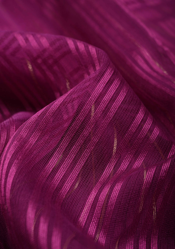 Purple Banarasi Pure Net Handwoven Saree with Stripes Pattern and Meenakari Rangkaat Style Skirt Border | SILK MARK CERTIFIED | SHOBITAM