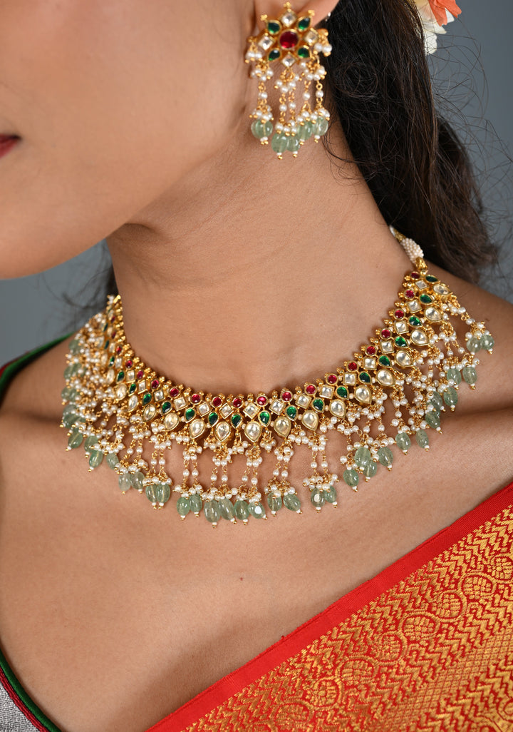 Jadau Choker Set with White and Red Stones and Green Dangling Beads | Shobitam Jewelry