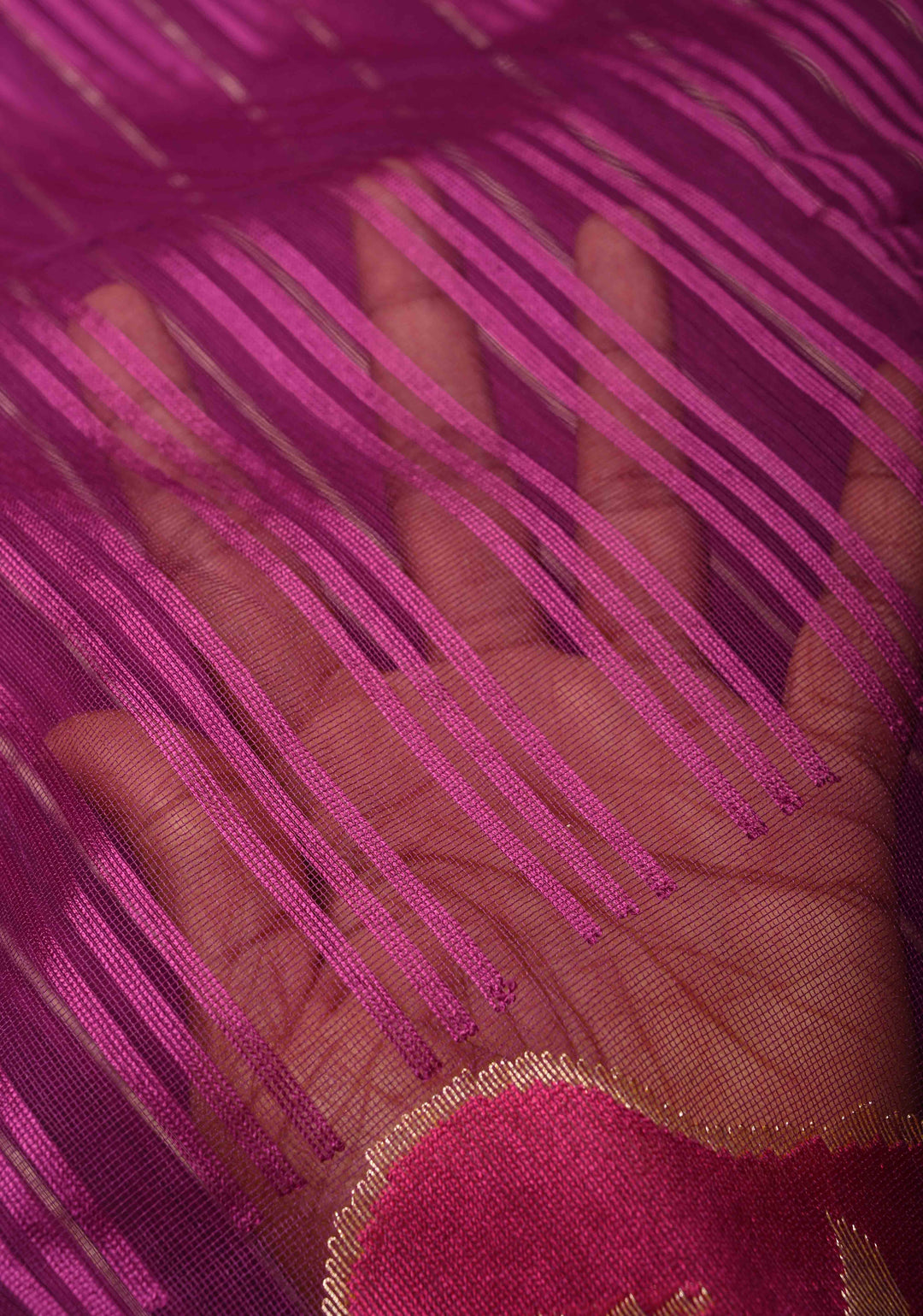 Purple Banarasi Pure Net Handwoven Saree with Stripes Pattern and Meenakari Rangkaat Style Skirt Border | SILK MARK CERTIFIED | SHOBITAM