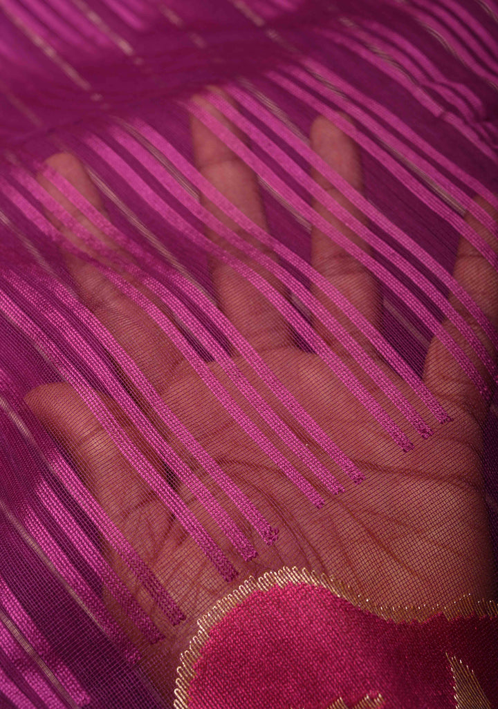 Purple Banarasi Pure Net Handwoven Saree with Stripes Pattern and Meenakari Rangkaat Style Skirt Border | SILK MARK CERTIFIED | SHOBITAM