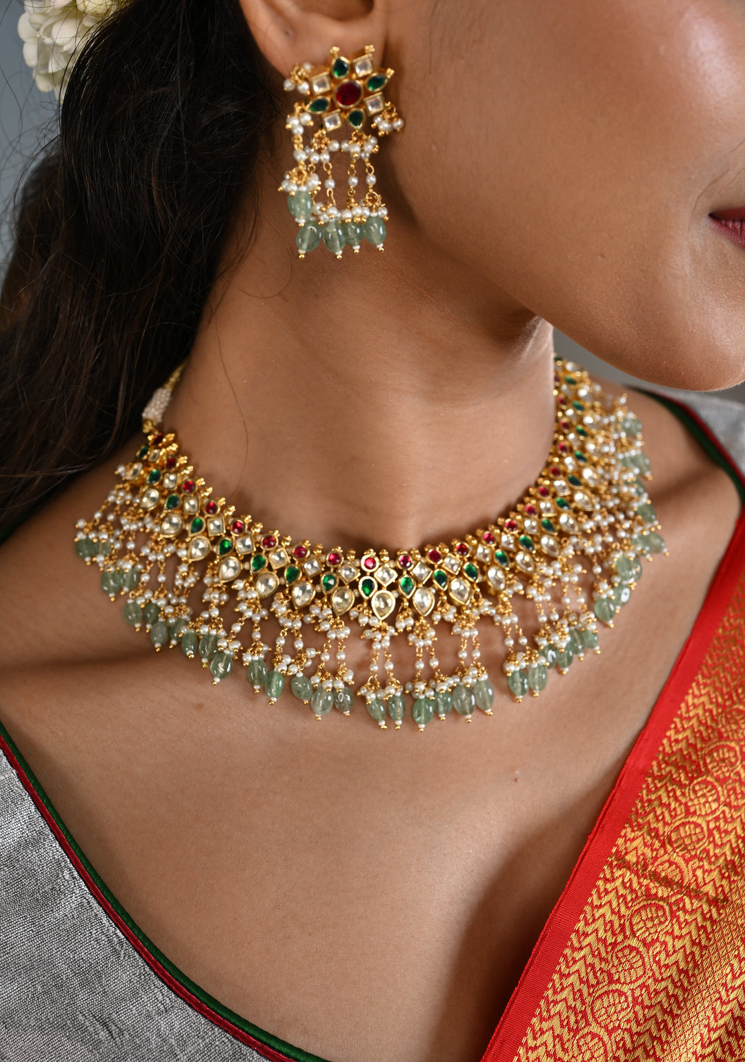 Jadau Choker Set with White and Red Stones and Green Dangling Beads | Shobitam Jewelry