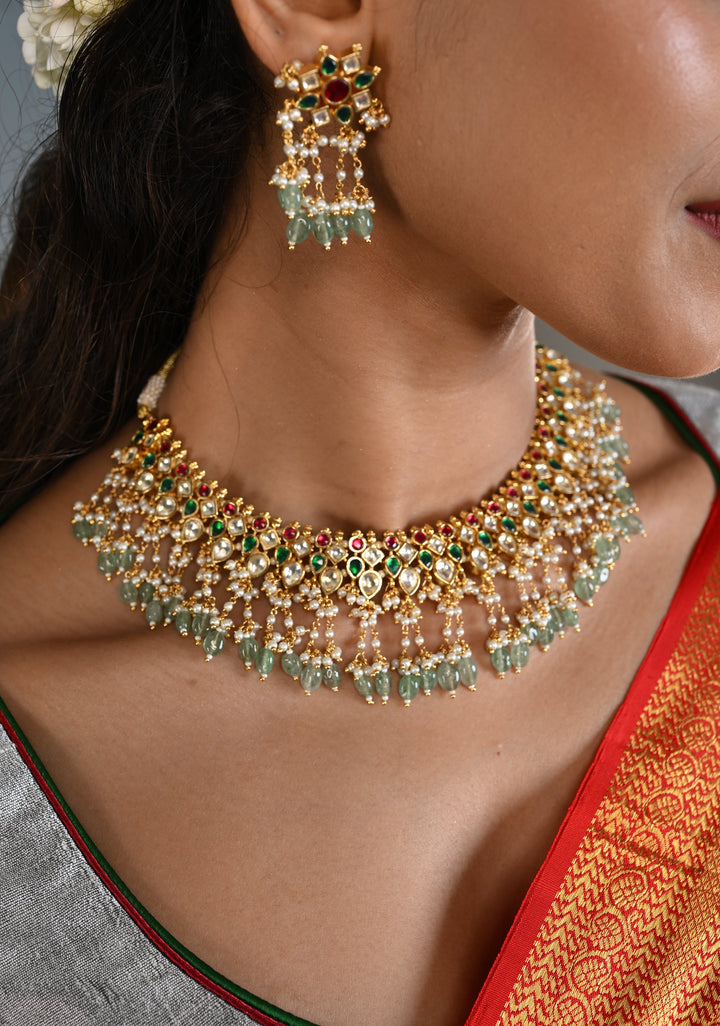 Jadau Choker Set with White and Red Stones and Green Dangling Beads | Shobitam Jewelry
