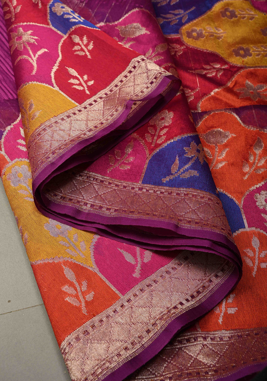 Purple Banarasi Pure Net Handwoven Saree with Stripes Pattern and Meenakari Rangkaat Style Skirt Border | SILK MARK CERTIFIED | SHOBITAM