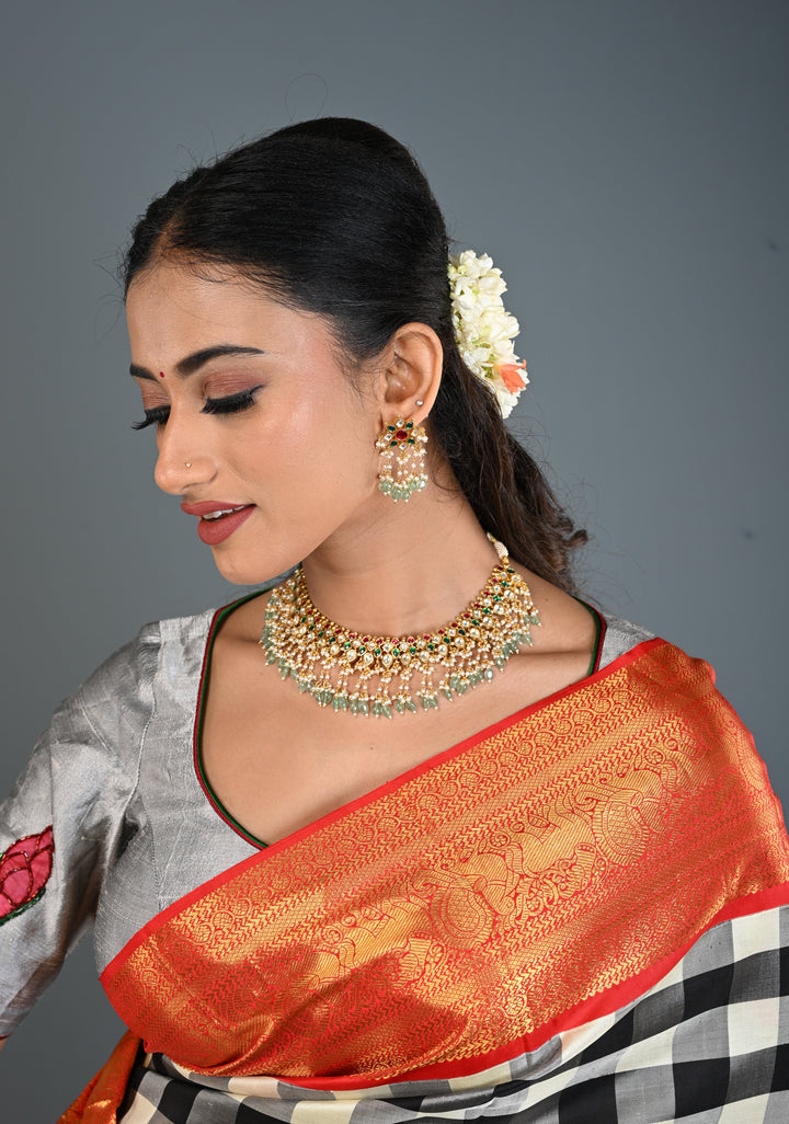 Jadau Choker Set with White and Red Stones and Green Dangling Beads | Shobitam Jewelry