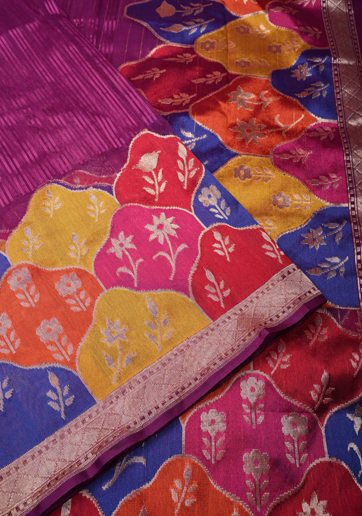 Purple Banarasi Pure Net Handwoven Saree with Stripes Pattern and Meenakari Rangkaat Style Skirt Border | SILK MARK CERTIFIED | SHOBITAM
