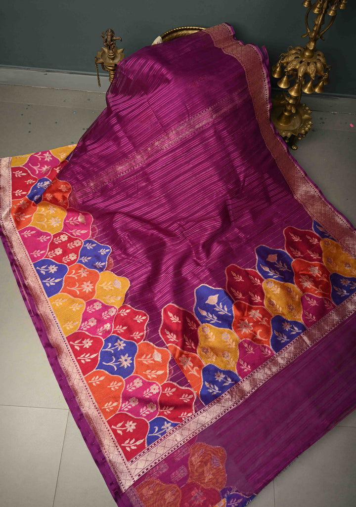 Purple Banarasi Pure Net Handwoven Saree with Stripes Pattern and Meenakari Rangkaat Style Skirt Border | SILK MARK CERTIFIED | SHOBITAM