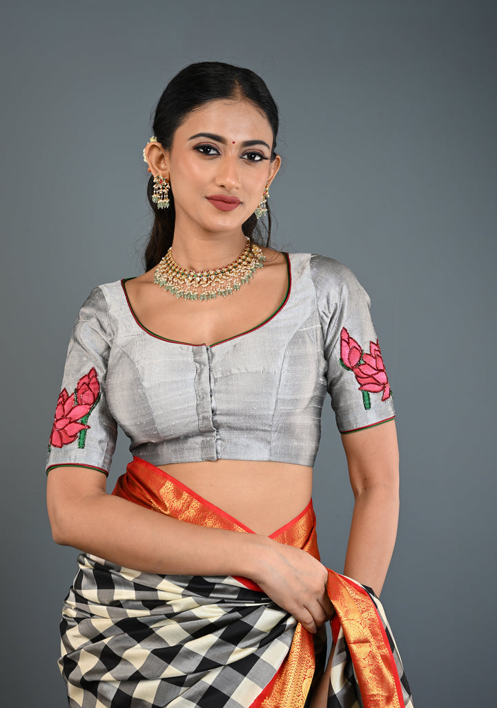 Pure Raw Silk Blouse in Gray with Lotus Handpainting , embellishments and Backless-Tie up Detailing, Customizable, Made to Order