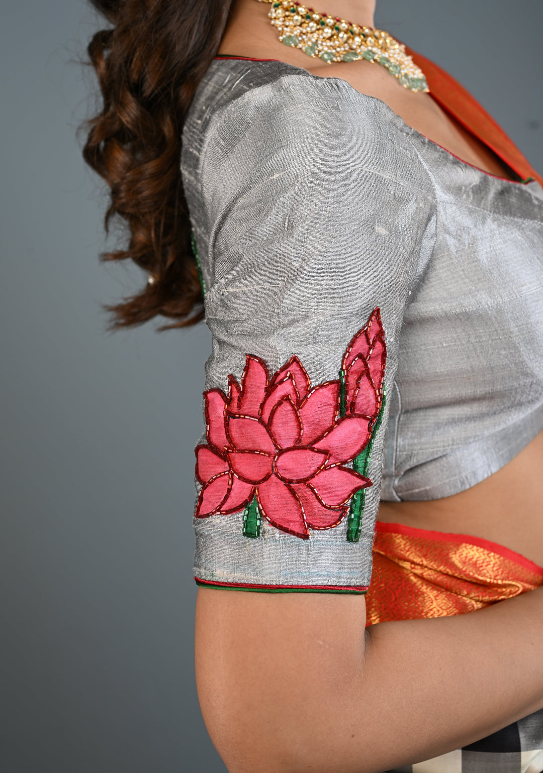 Pure Raw Silk Blouse in Gray with Lotus Handpainting , embellishments and Backless-Tie up Detailing, Customizable, Made to Order